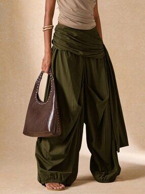 Army Green Boho Women's Pleated Wide-Leg Pants
